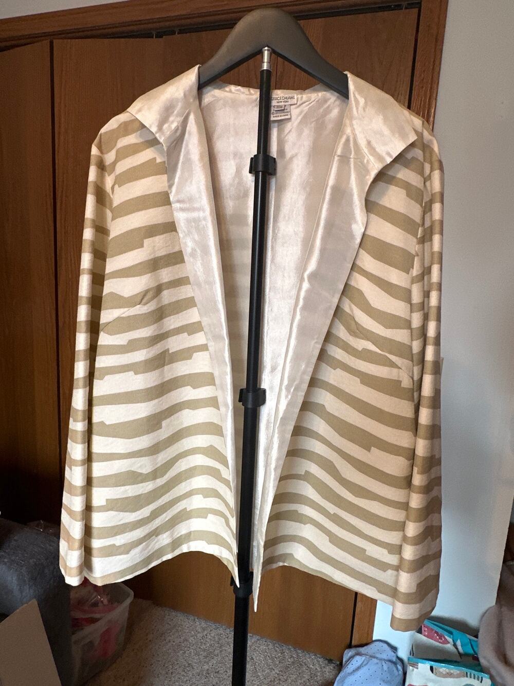 Grace Chuang NY Zebra Stripe Satin Trim Open Front Jacket Plus Size 3XL XXXL
